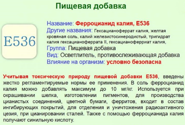 Ферроцианид калия (Е536). Что это такое, вред, польза, действие на человека, свойства