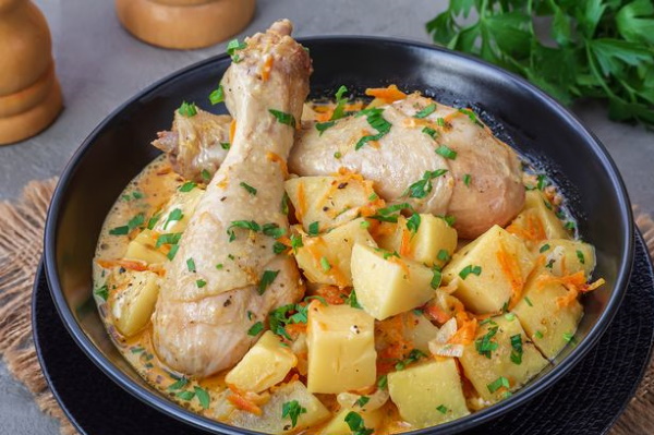 Курица с картошкой и овощами в казане на костре. Рецепт