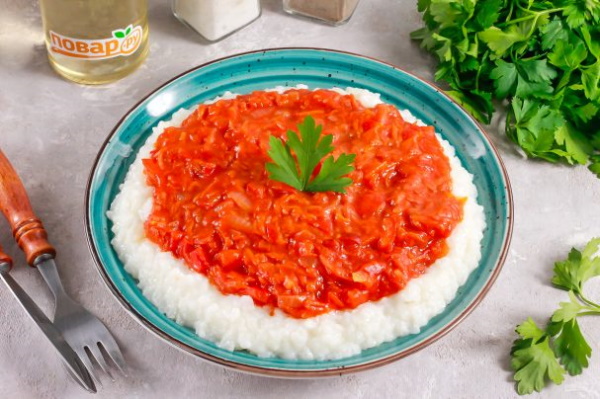 Овощная подлива к рису, гречке, макаронам без мяса. Рецепт, фото