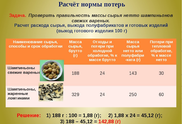 Процент отходов грибов. Потери при ужарке, тепловой, холодной обработке